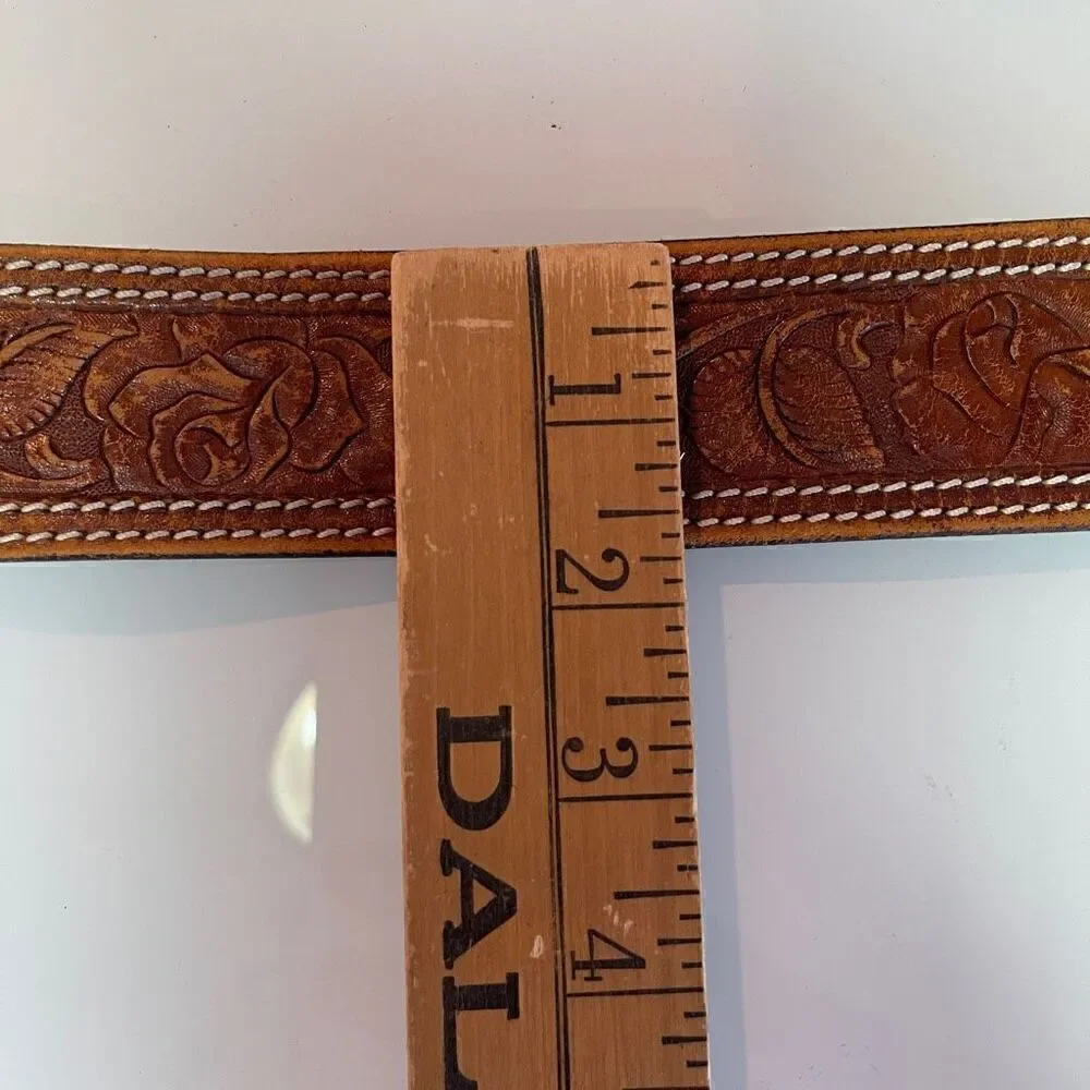 Vtg The Belt Factory Hand Tooled Leather Belt feathers and rose Cowhide  Size 38